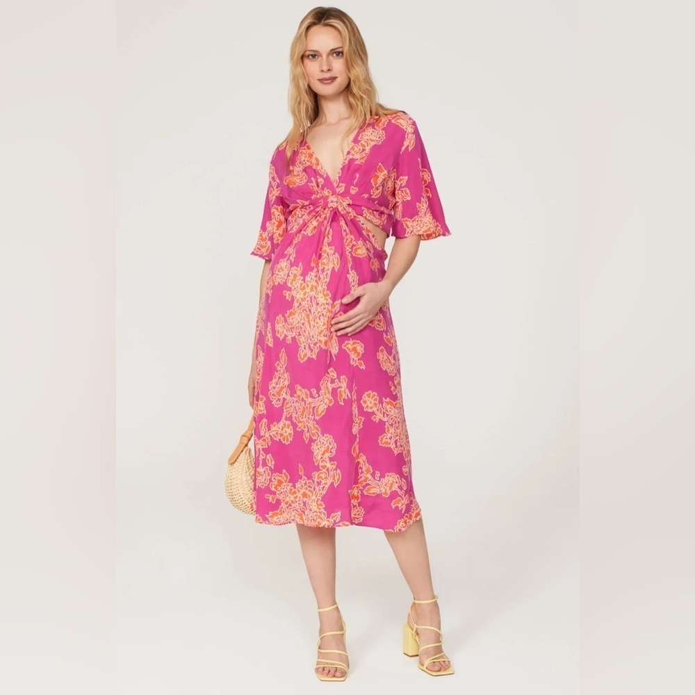 NWT Hatch X Revolve Maternity Pink Orange Floral Cutout Midi Thea Dress Sz 8-10 - Picture 3 of 16